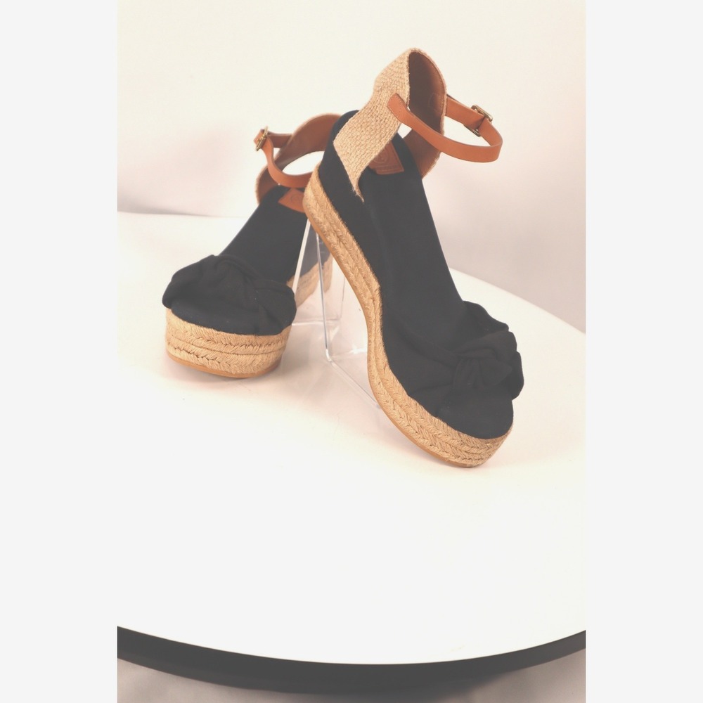 Tory Burch Knotted Bow Espadrille Wedge Sandals Black/Tan Leather Strap Size 10 - Picture 2 of 10